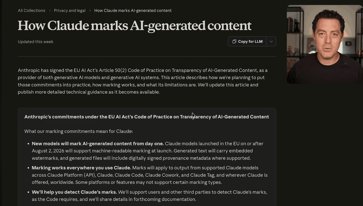Anthropic's help page titled How Claude marks AI-generated content, setting out marking commitments under the EU AI Act's Article 50 Code of Practice.