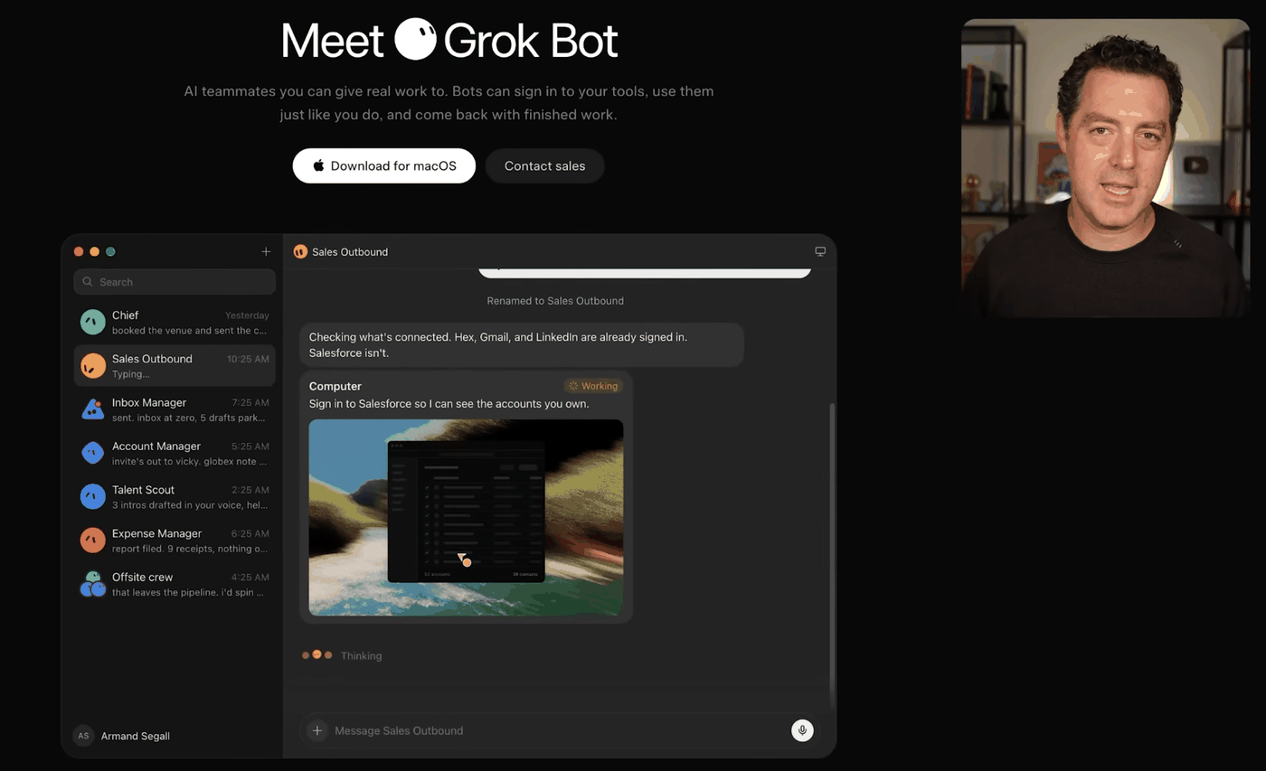 The Grok Bot product page, showing a messaging-style interface with named agents down the left and an agent signing into an application on its own computer.