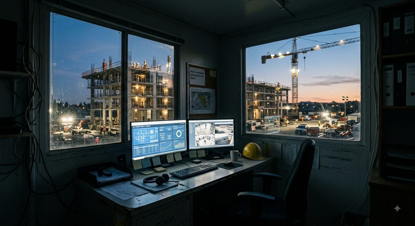 A site office at dusk, monitors lit, hard hat on the desk, nobody at the chair, a lit frame and tower crane through the windows.